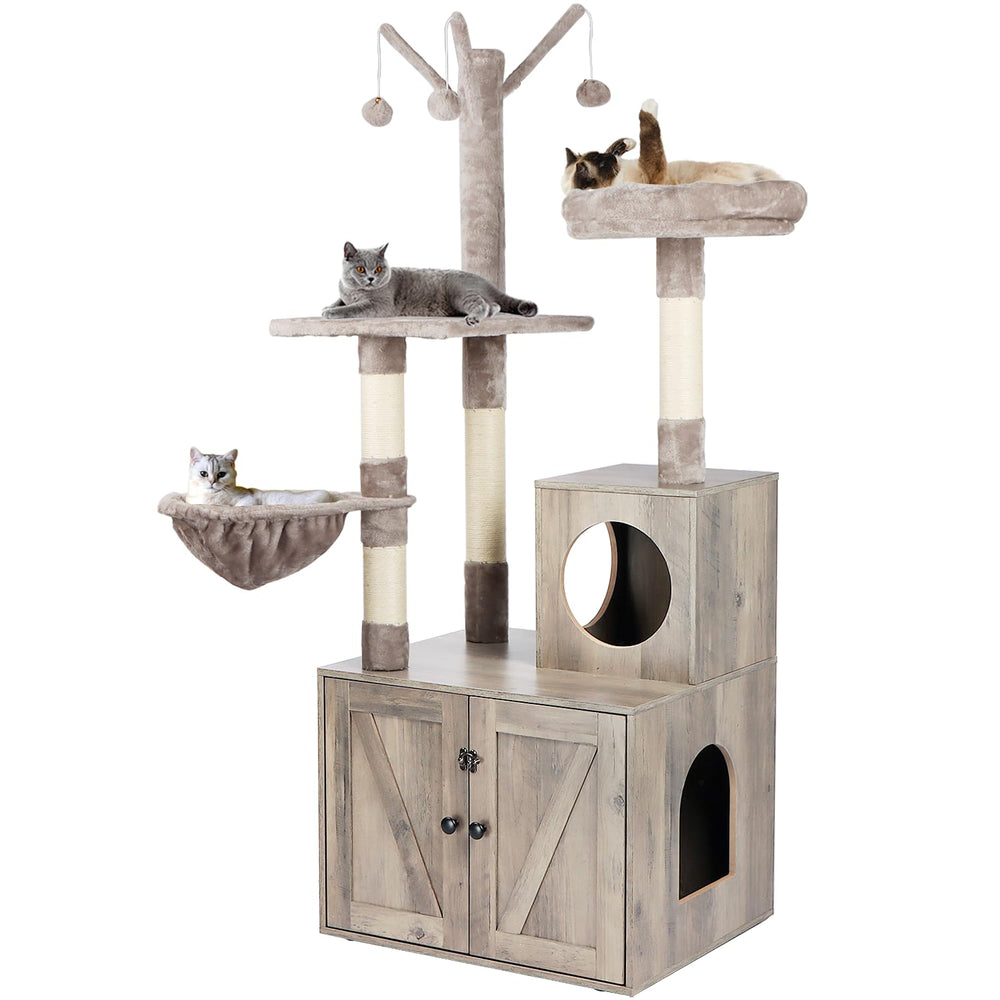 Timberer Litter Box Enclosure cat-tree front view demonstrates privacy and play in one stylish unit