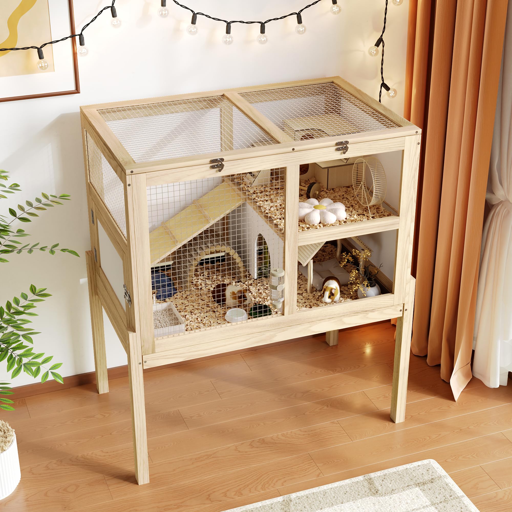 Timechee guinea pig cage wooden structure blends with natural home decor.