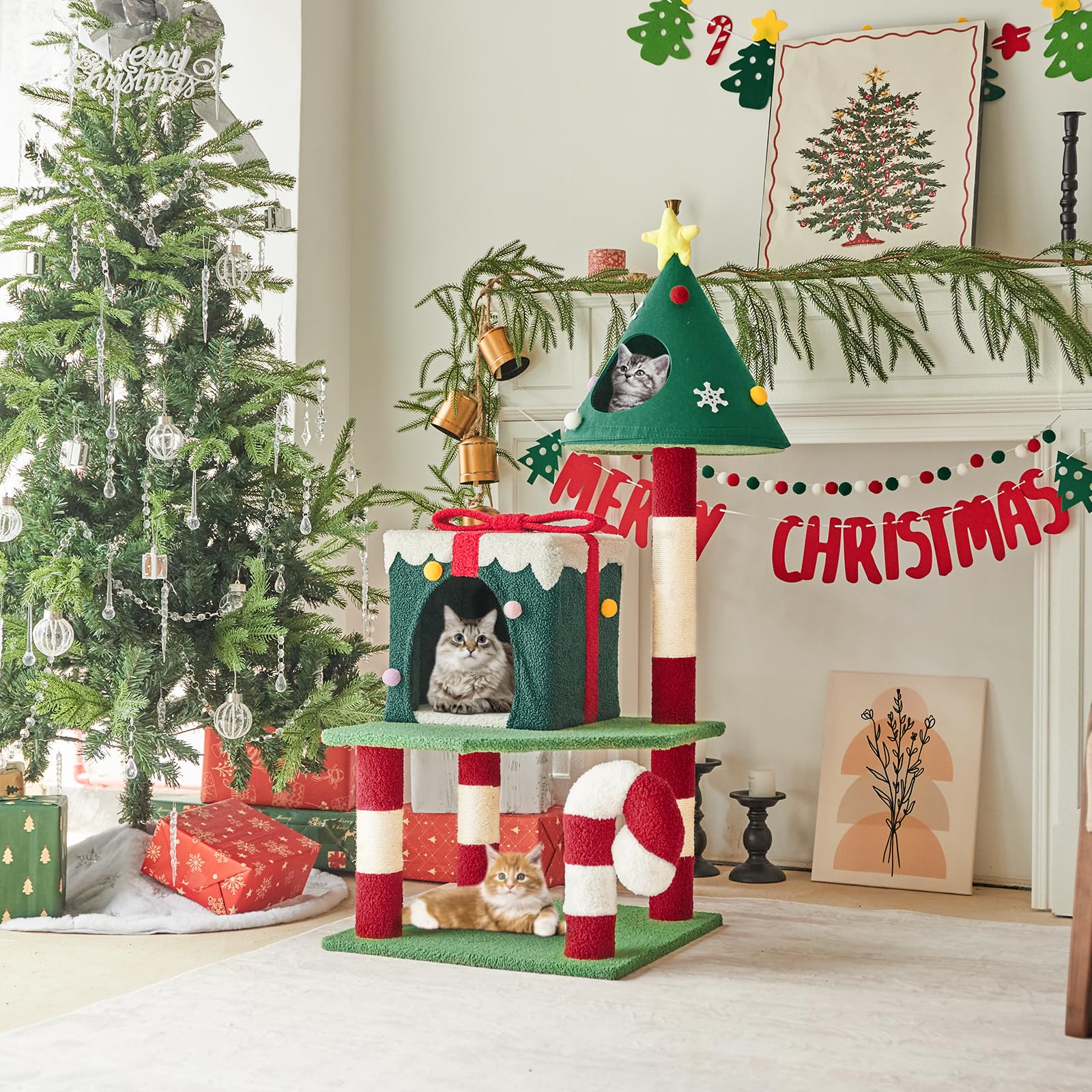TIMIEEYA cat tree lifestyle image shows cozy decor and active cats.