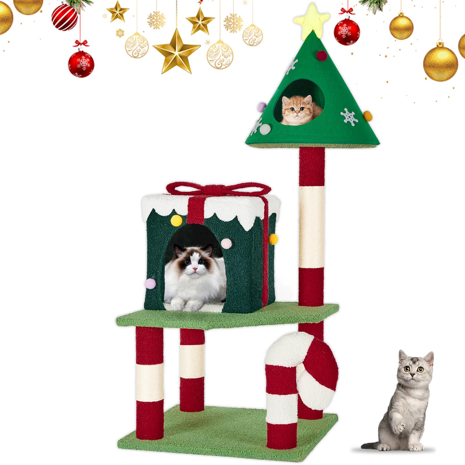 TIMIEEYA Christmas Cat Tree Tower front view showcases multi level play and cozy lounging.