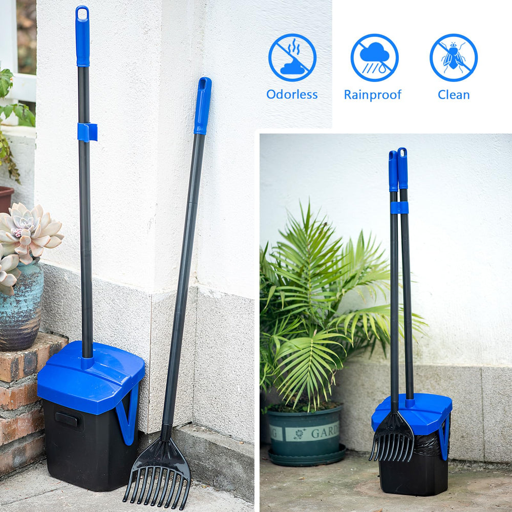TIMINGILA pooper scooper rake showing extended handle for back-friendly cleaning