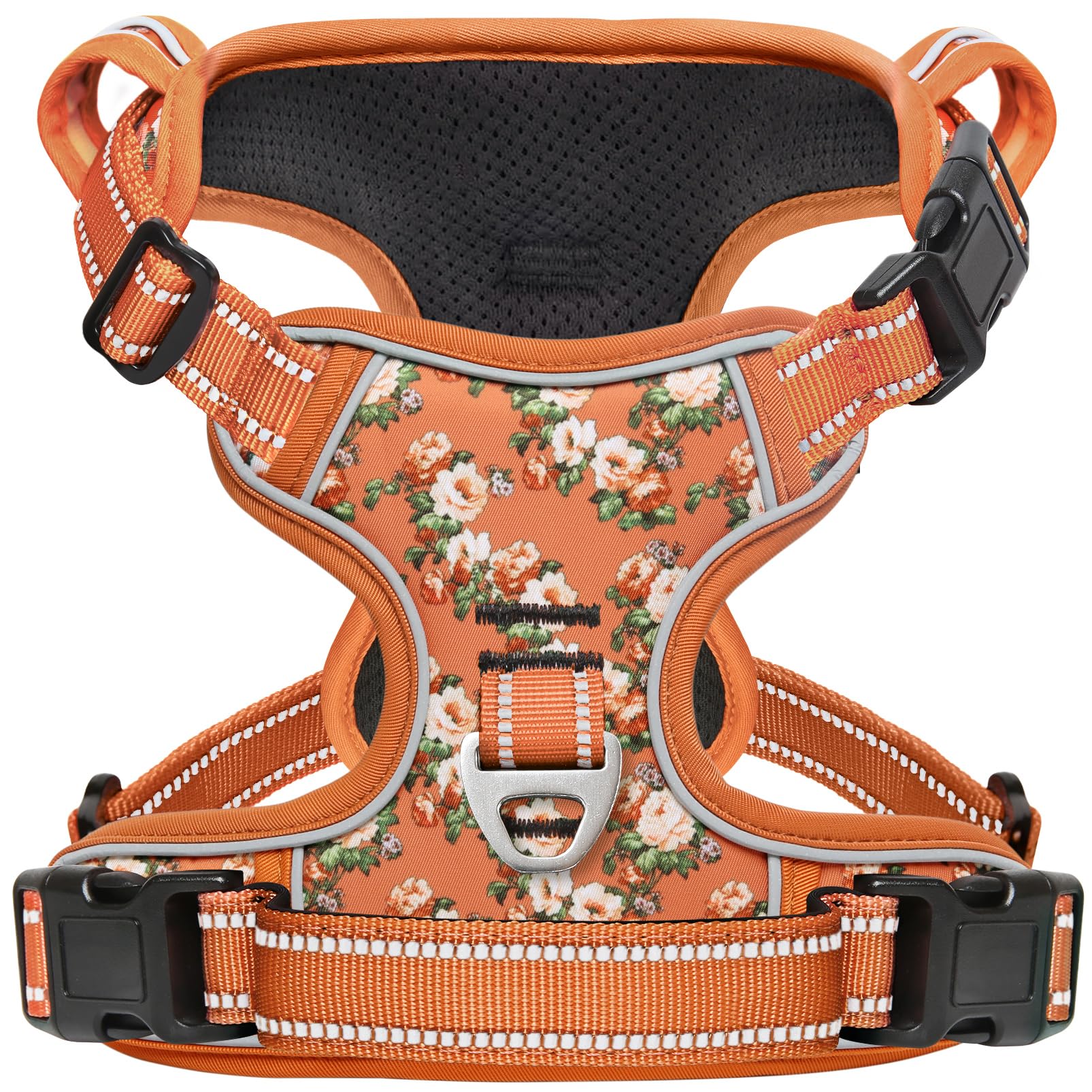 Timos dog harness front view in flower orange provides secure daily wear for medium dogs.