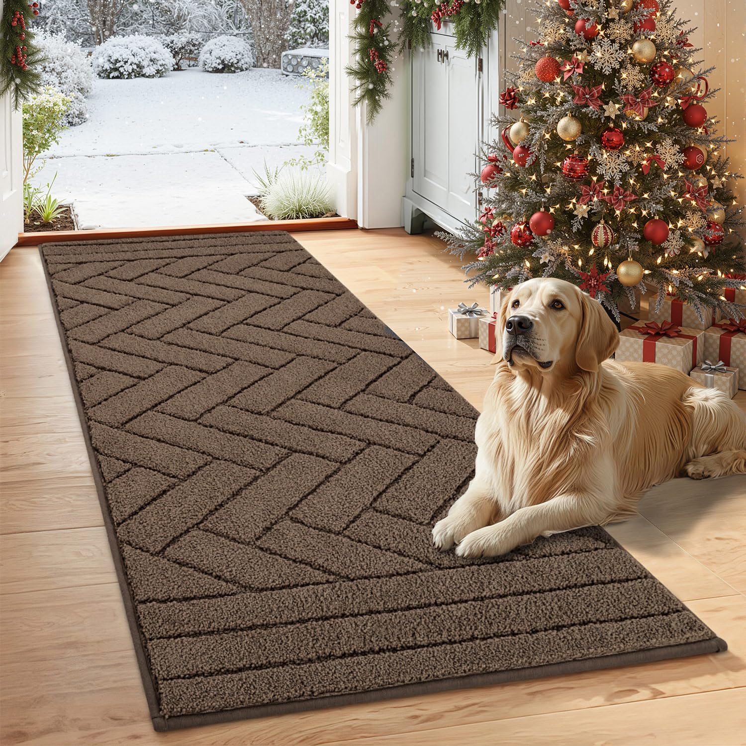 Tindbea dog mat latte front view shows soft plush and mud absorption for entryways