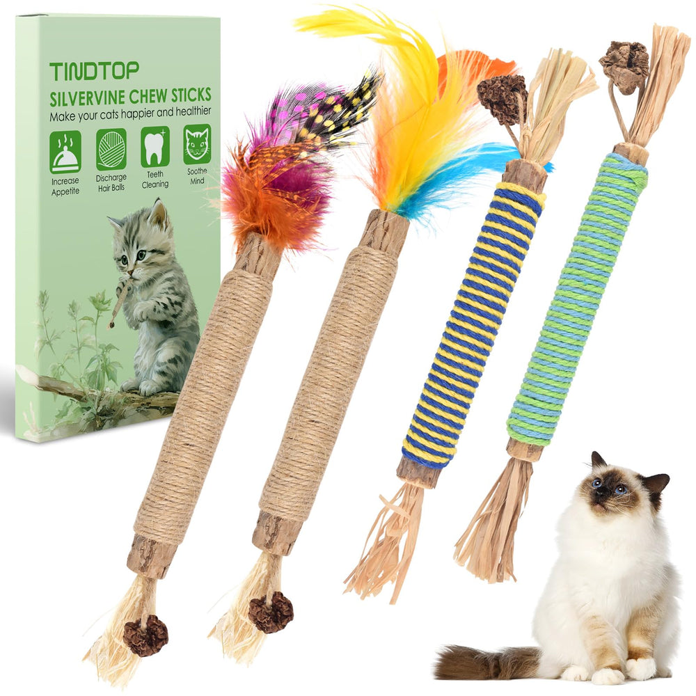 The TINDTOP catnip chew toys pack features four sticks for cats' play and dental care.