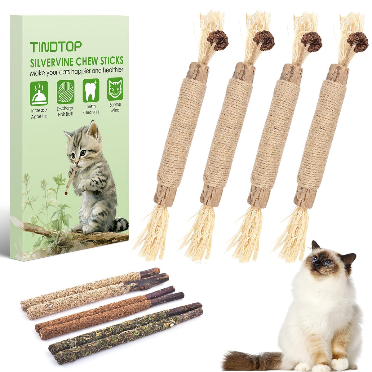 TINDTOP silvervine chew sticks pack image: natural cat chew sticks for dental care and stress relief.