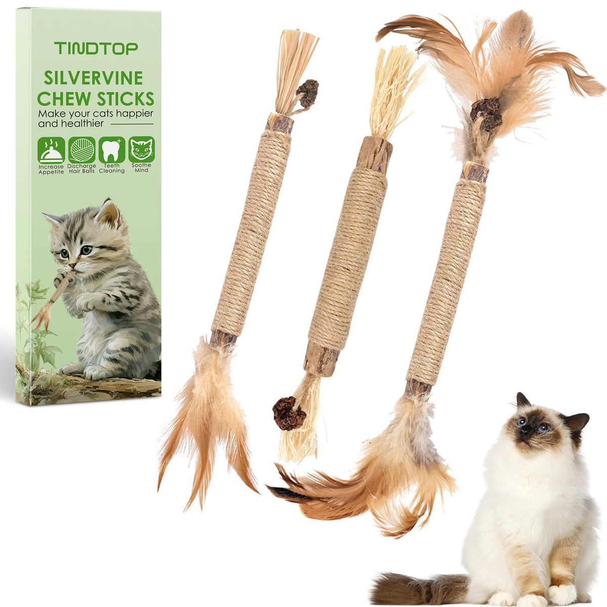 TINDTOP Silvervine Sticks 3-pack with feather toy for engaging play and stress relief.