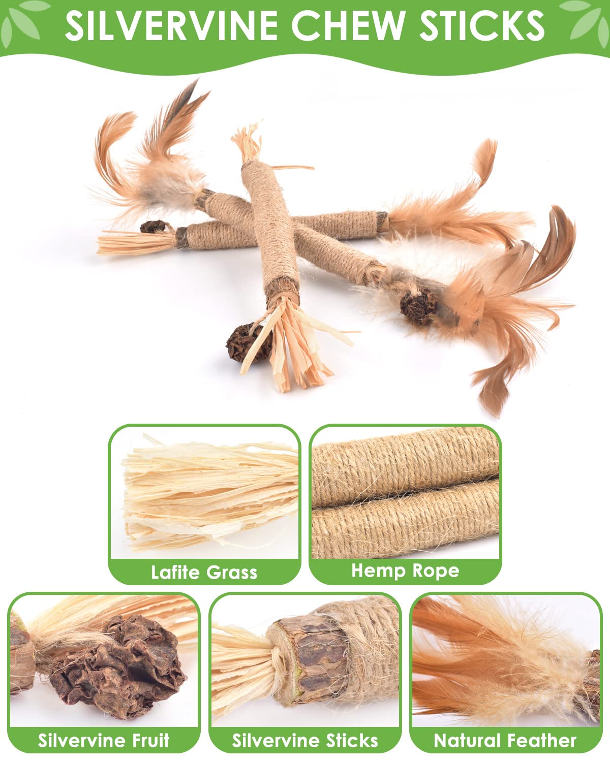 TINDTOP Silvervine Sticks with catnip scent encourage activity and relaxed appetite in kittens.