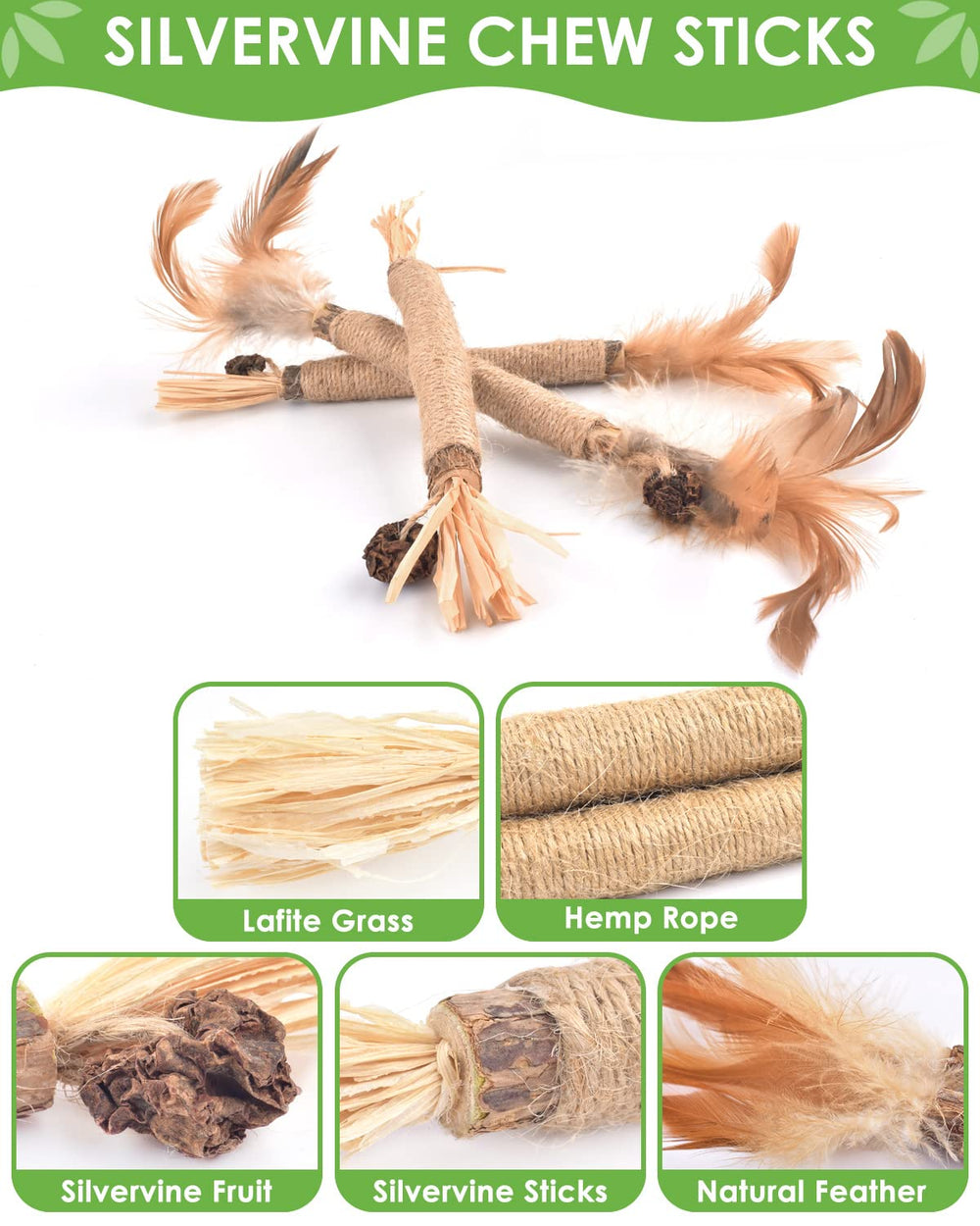 TINDTOP Silvervine Sticks with catnip scent encourage activity and relaxed appetite in kittens.