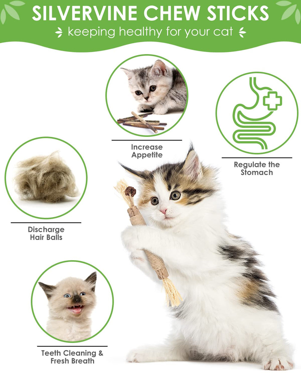 TINDTOP silvervine sticks closeup image highlighting actinidine attractant and calming appeal for anxious cats.