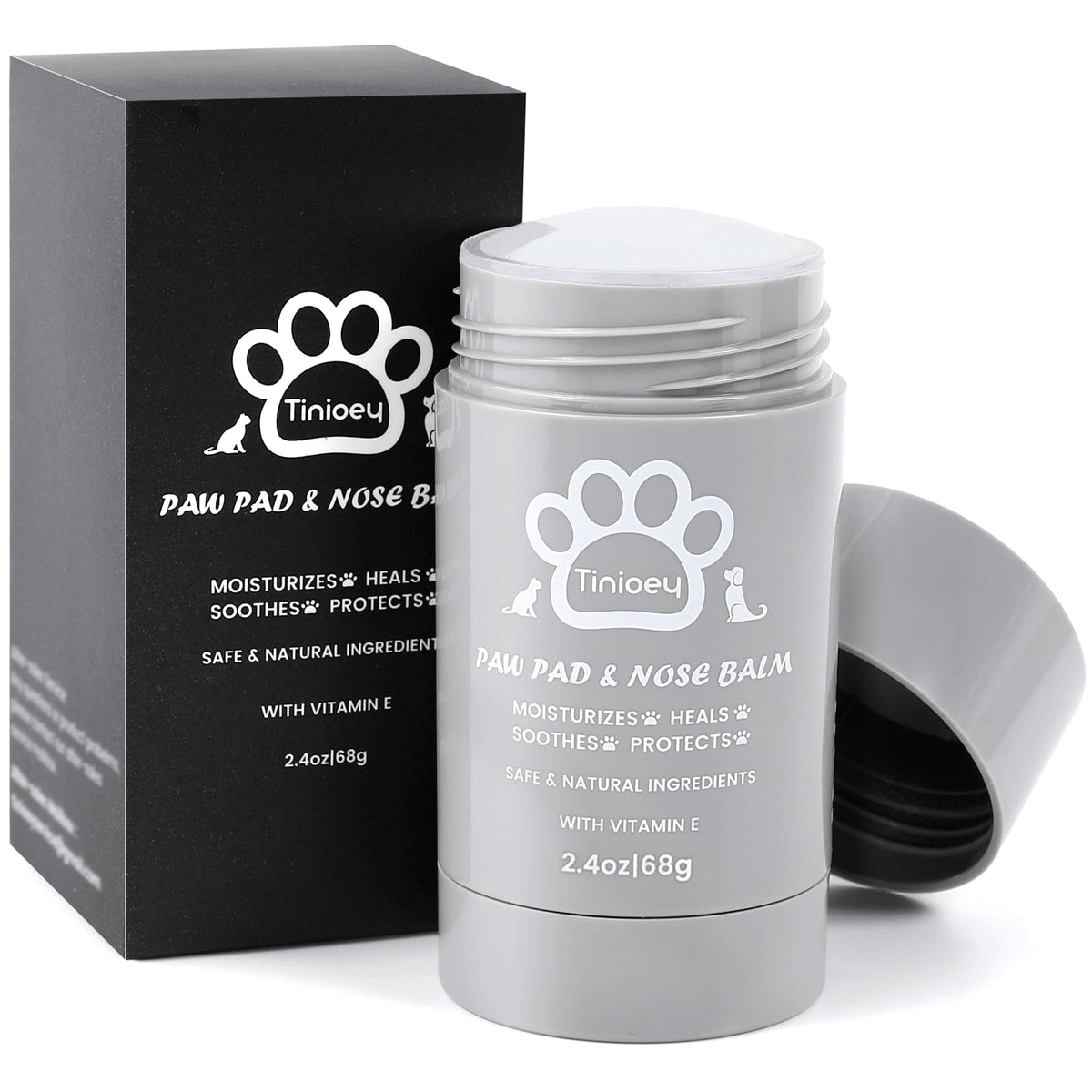 Tinioey paw balm stick packaging highlights natural ingredients for lick-safe paw care