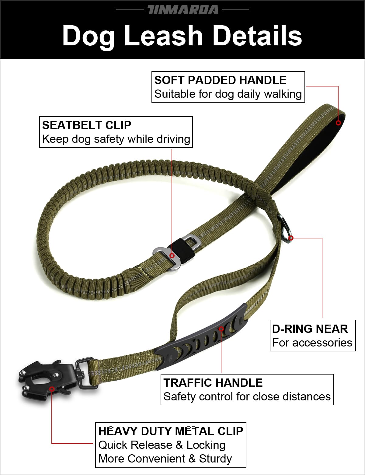 TINMARDA leash with car seatbelt clip for safer in-car travel with dogs.