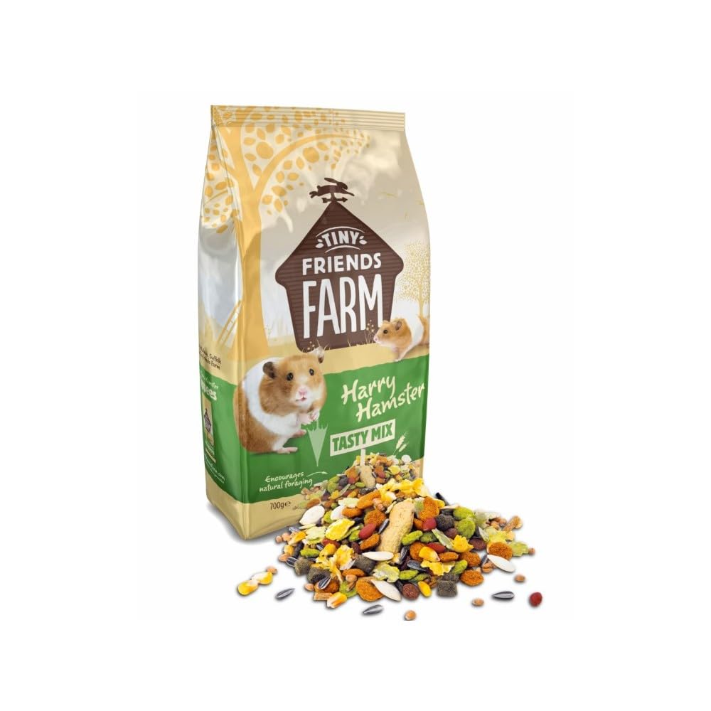 Tiny Friends Farm Harry Hamster packshot highlighting an 11-ingredient mix ideal for foraging and daily feeding.