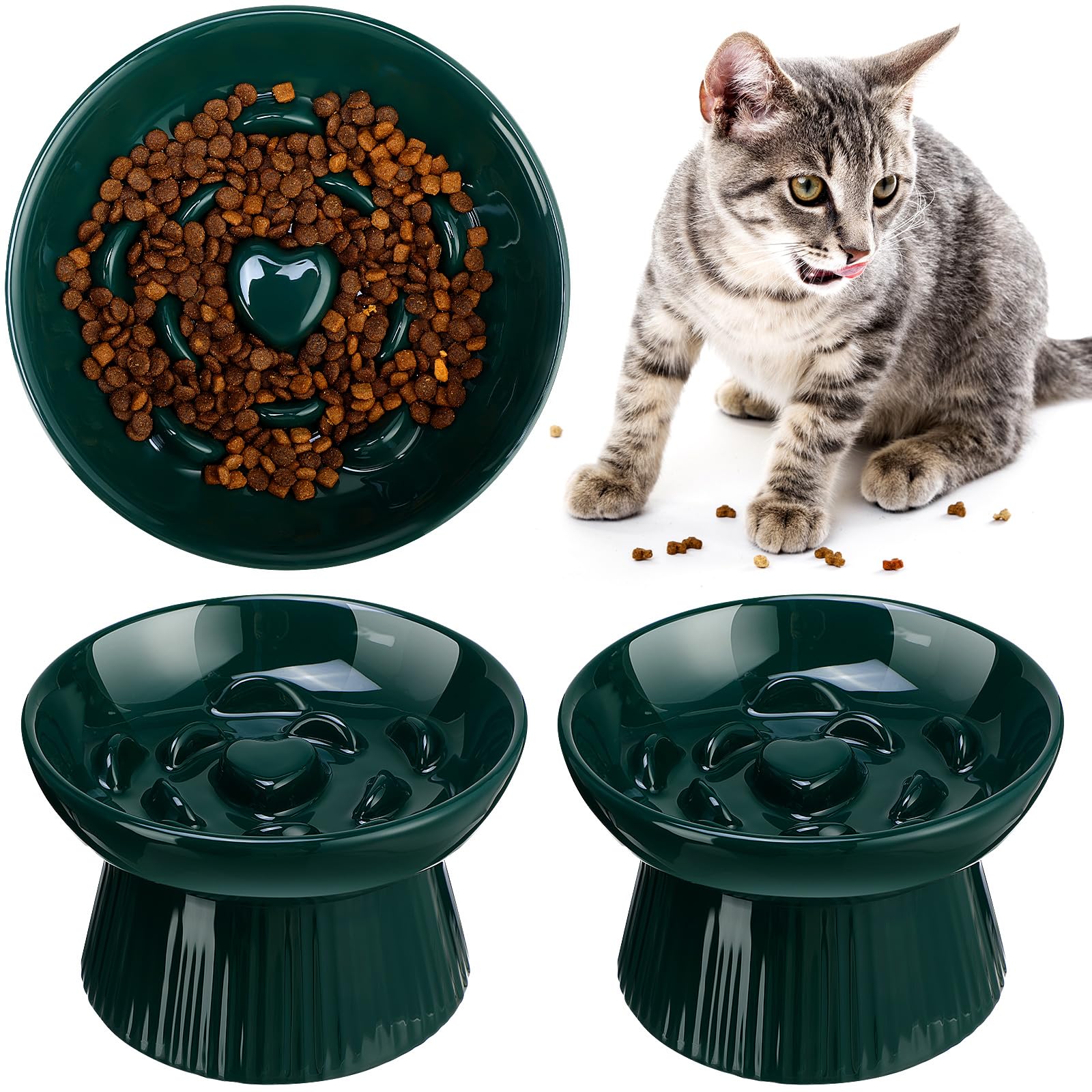 Tioncy raised cat slow-feeder bowls set in dark green for elevated, mess-free meals.