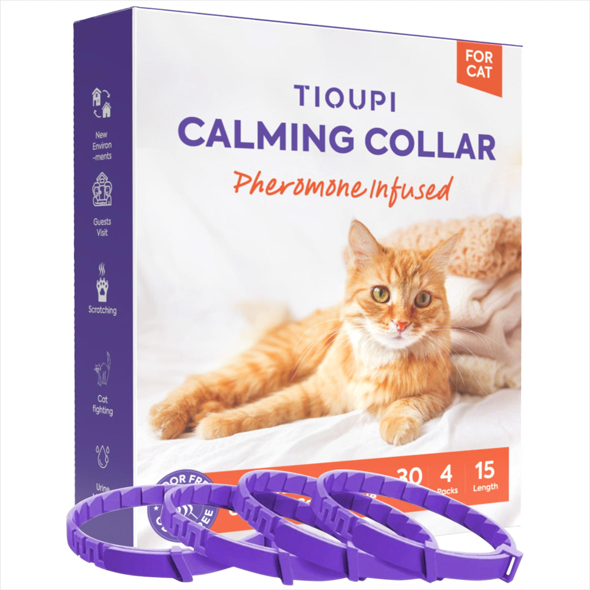 Tioupi calming collar 4pack on display suggests multi-cat anxiety relief options
