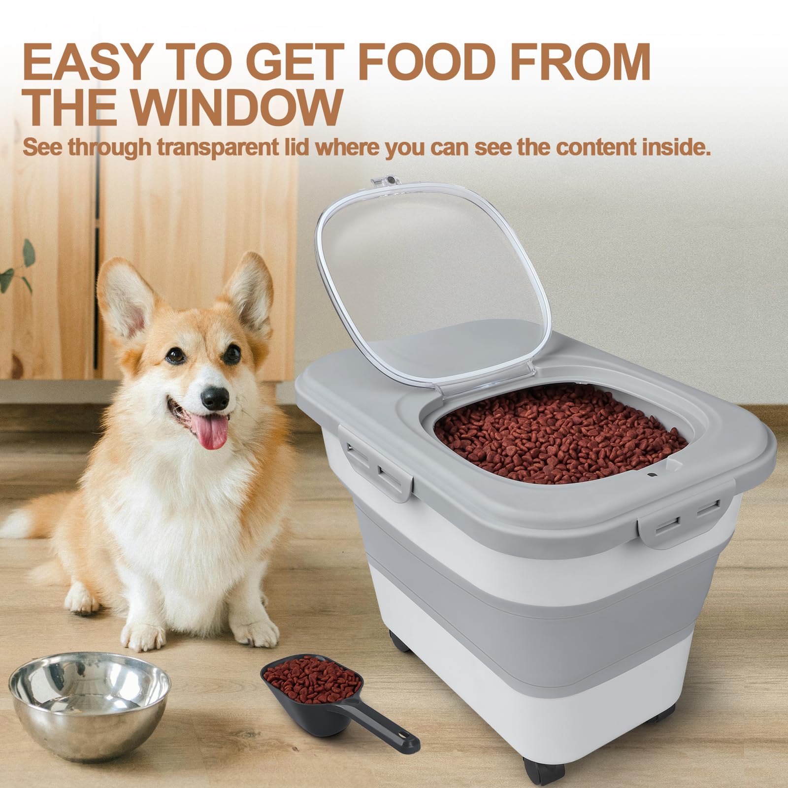 TIOVERY desiccant slot inside lid aids moisture control for dry pet foods.