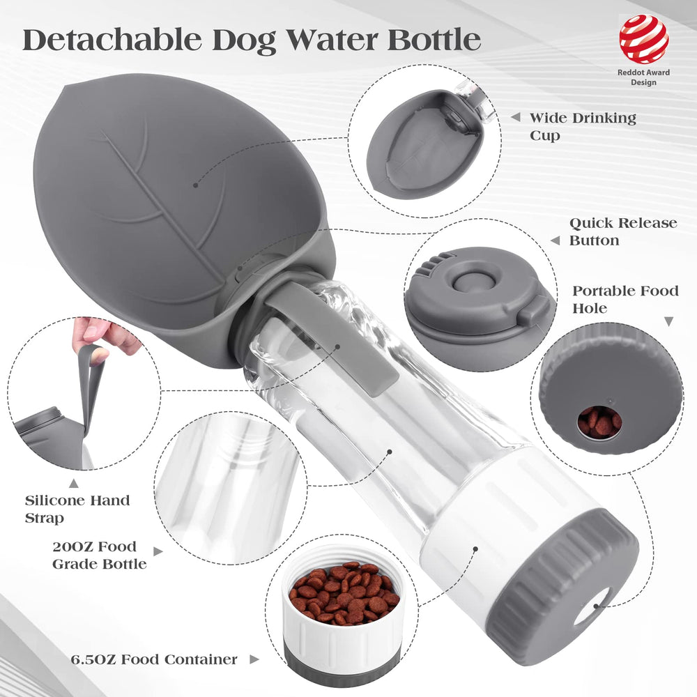 TIOVERY dog water bottle with leaf bowl ready for easy drinking on the go.