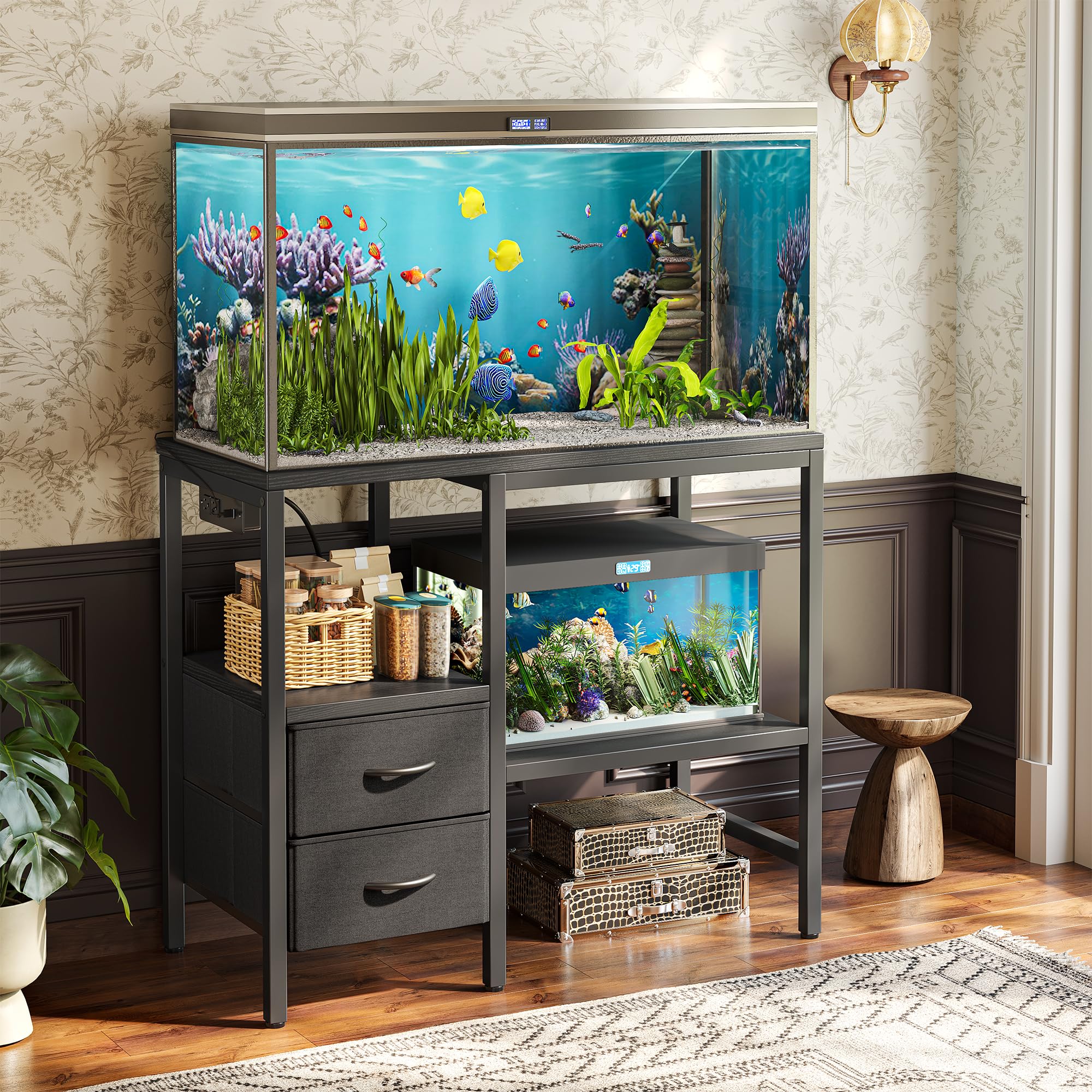 TIQLAB aquarium stand multi-tier design maximizing space for tank and storage needs.