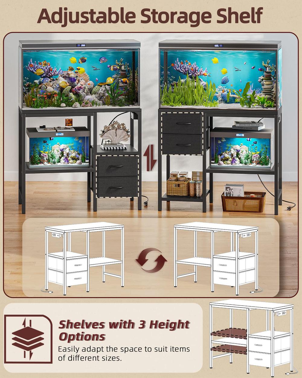 TIQLAB aquarium stand open shelf provides display area for decor and gear.