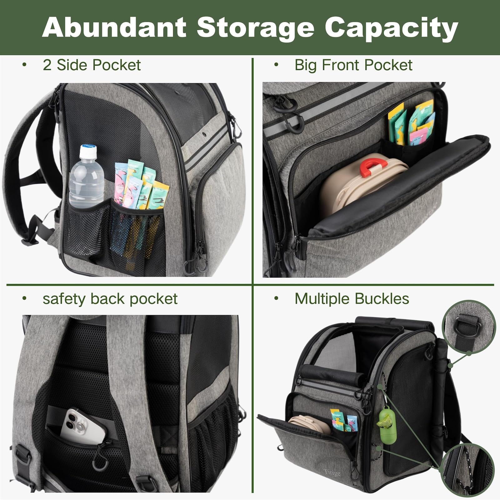 Tirige carrier backpack storage-pockets keep essentials organized during travel.