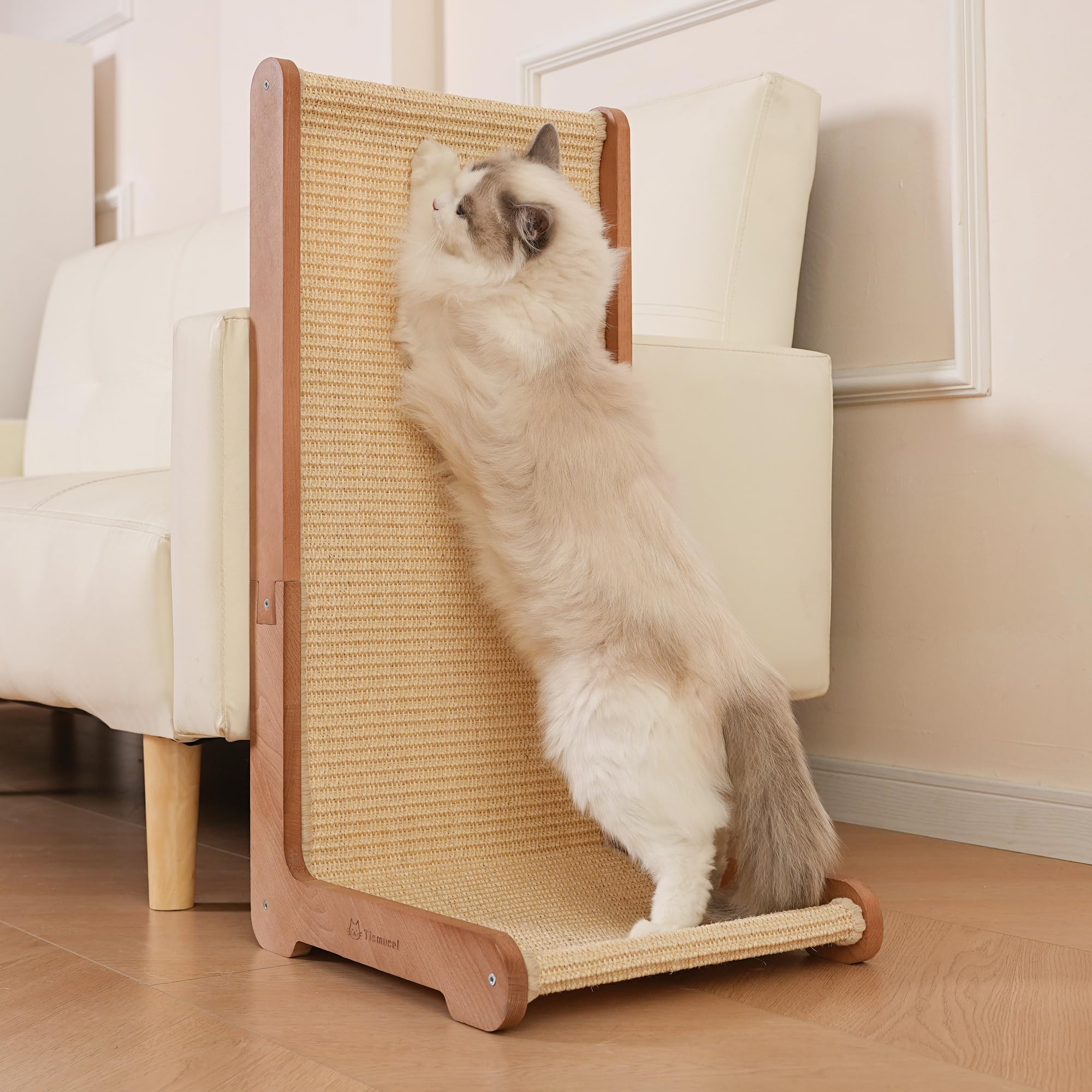 Tismucel scratching post with beechwood base for durable furniture protection.