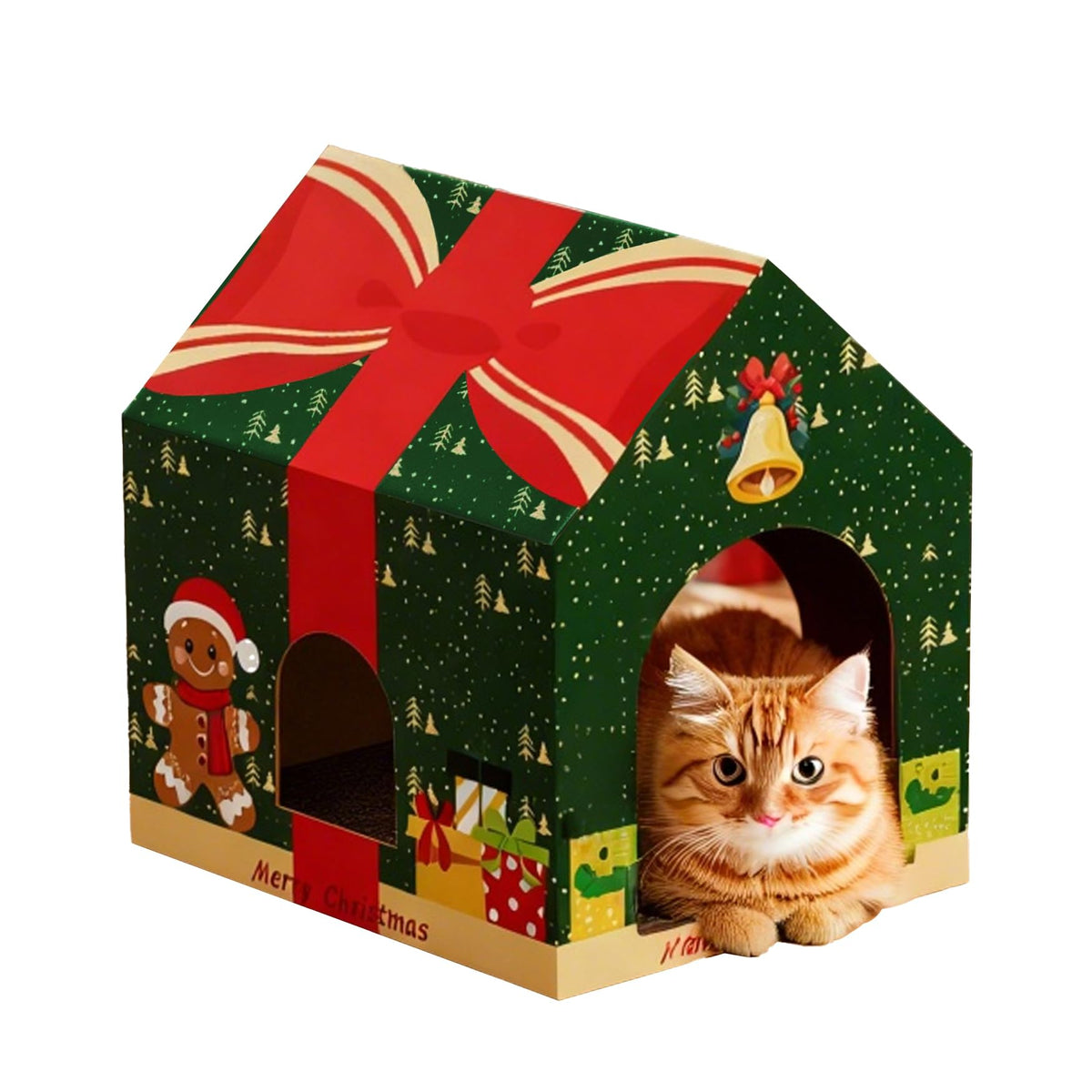 Tisoloow Christmas cardboard cat house with scratcher provides a cozy two-in-one space.