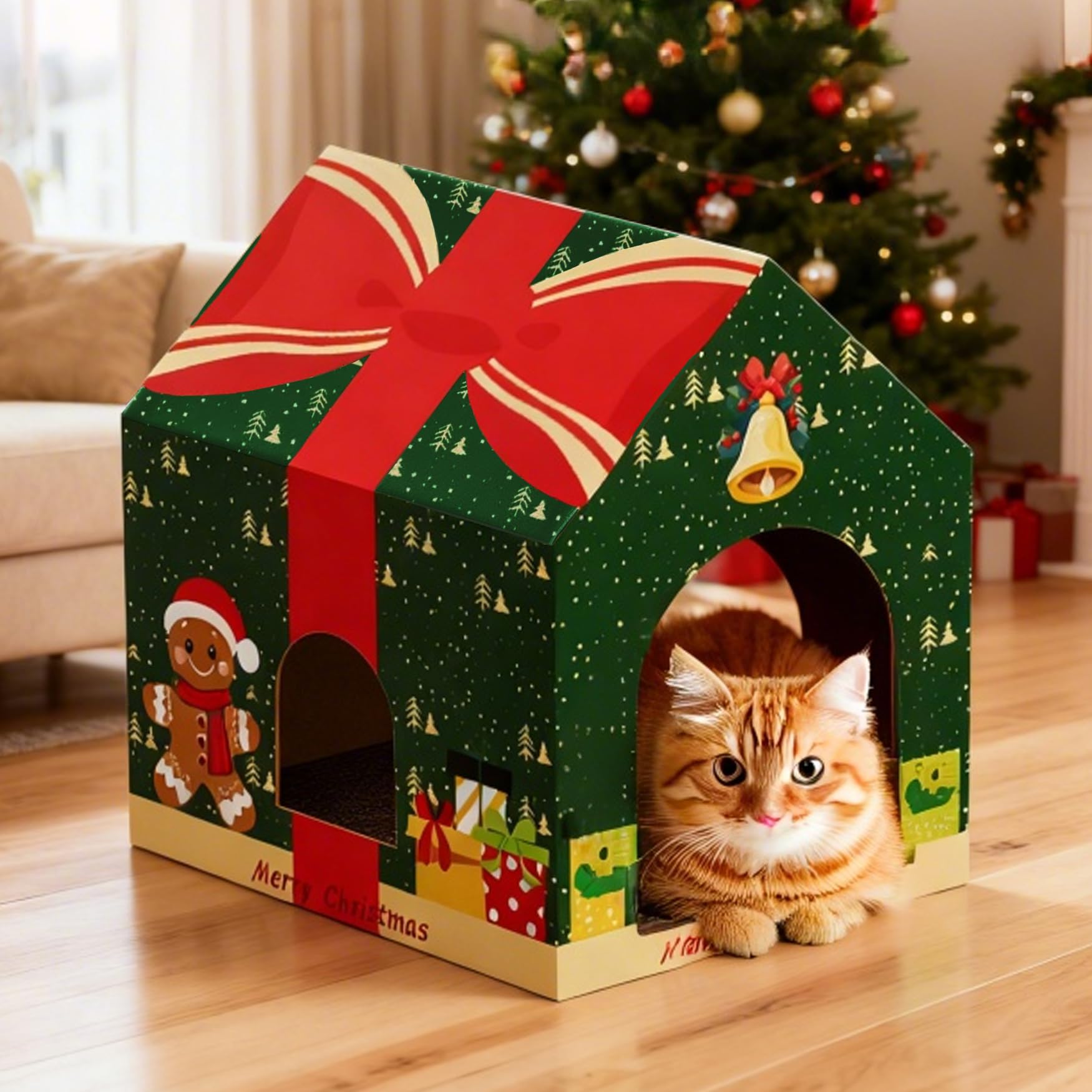 Tisoloow Christmas cat house adds festive decor while serving as a private hideaway for indoor cats.