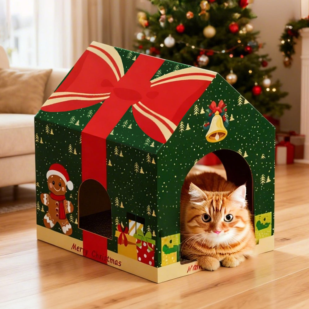 Tisoloow Christmas cat house adds festive decor while serving as a private hideaway for indoor cats.