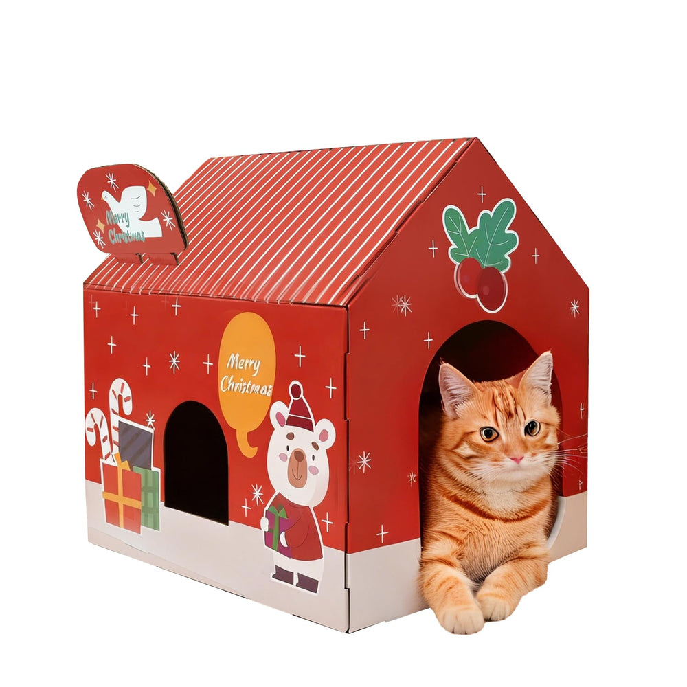 Tisoloow Christmas Cat House red exterior provides a cozy indoor hideaway.