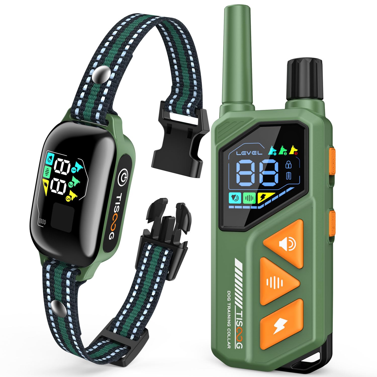 TISOOG dog shock collar remote green showing long-range training up to 3300 feet.