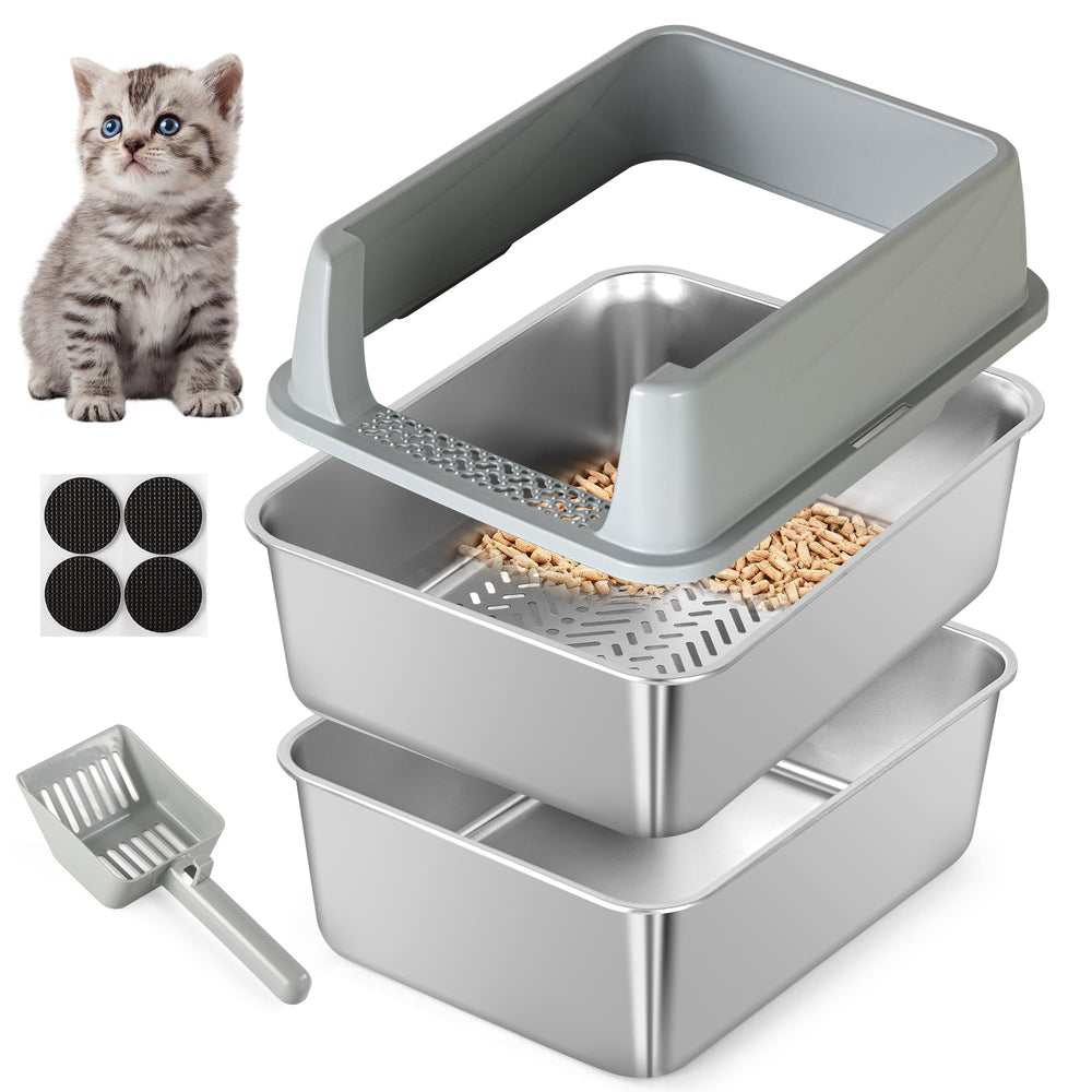 TIUUBT stainless-steel sifting litter box front view for small cats with leak protection.