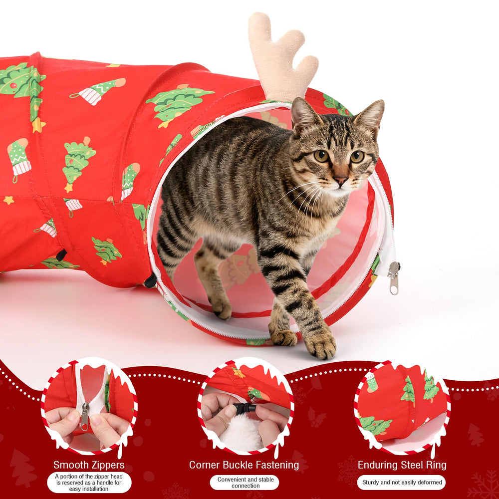 Tivray cat tunnel bed Christmas pattern closeup showcases festive vibes and cozy texture.