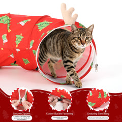 Tivray cat tunnel bed Christmas pattern closeup showcases festive vibes and cozy texture.
