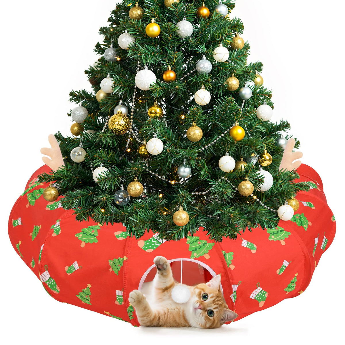 Tivray cat tunnel bed under Christmas tree angle view offers cozy play and nap space.