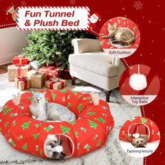 Tivray cat tunnel bed under Christmas tree inside view highlights spacious interior for multiple pets.