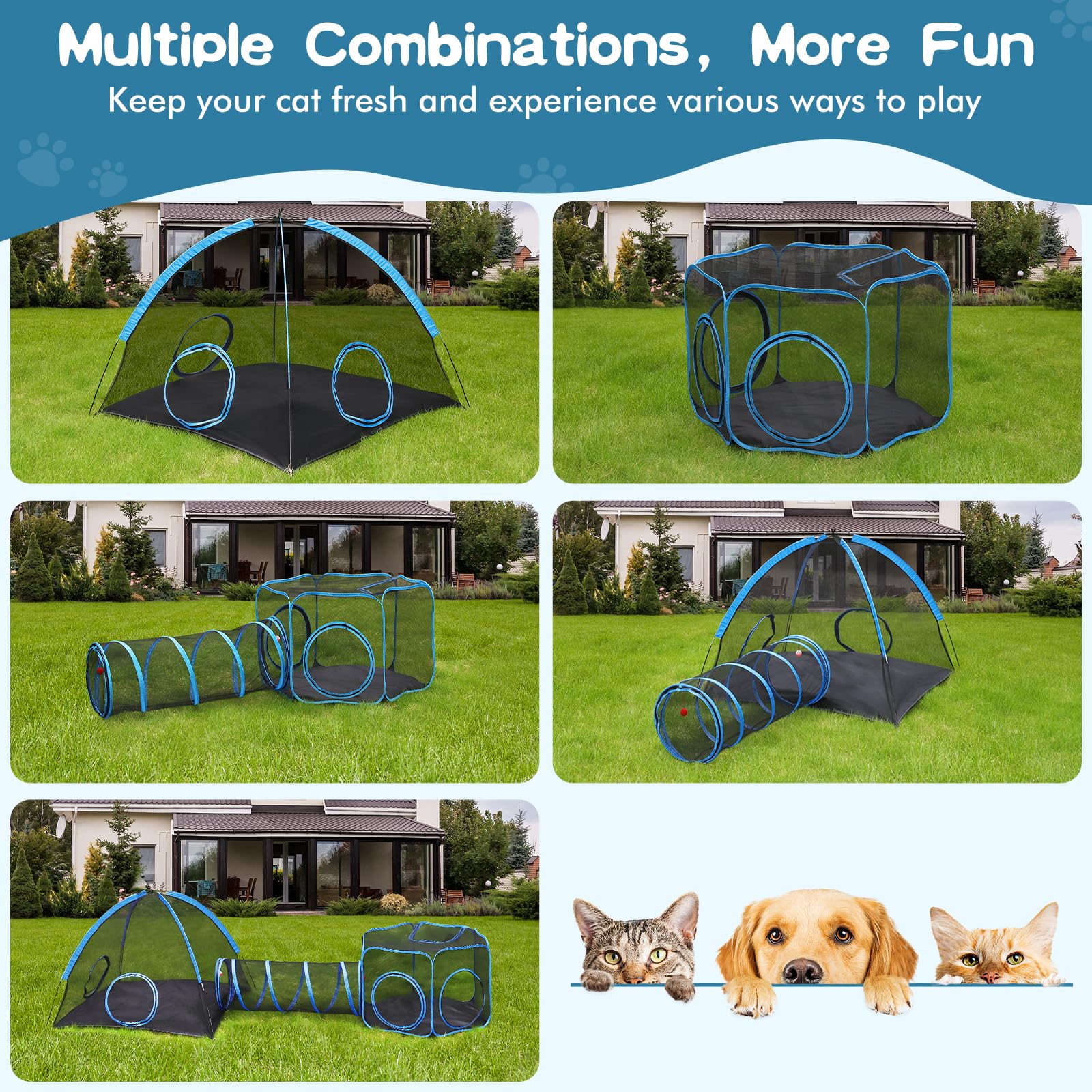 Tivray Outdoor Cat Enclosure bell-pompom interaction enhances playtime.