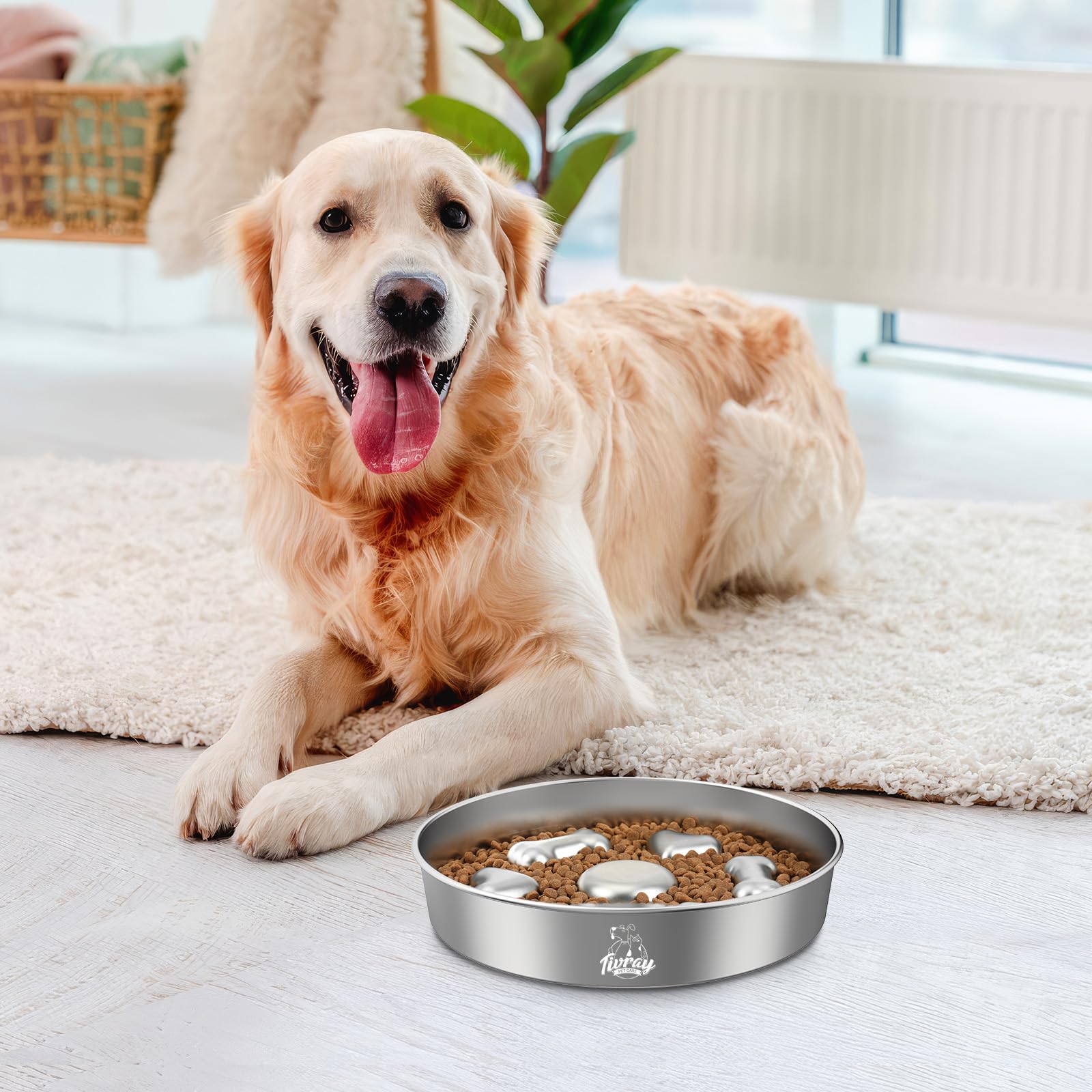 Tivray slow feeder bowl large-dog use shows durable, easy-care steel
