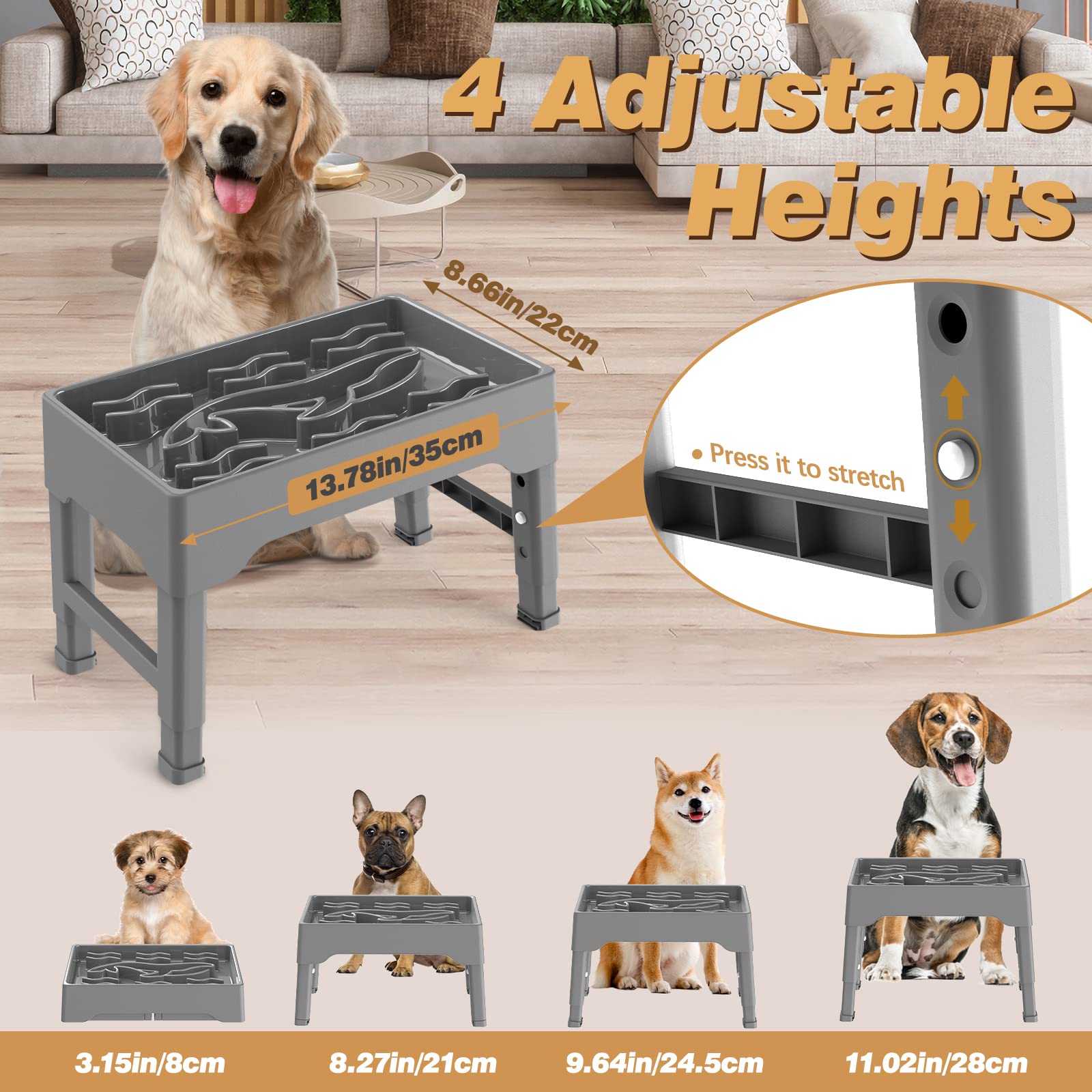 Tivray slow feeder height adjustment demonstrates four-level options for growing dogs