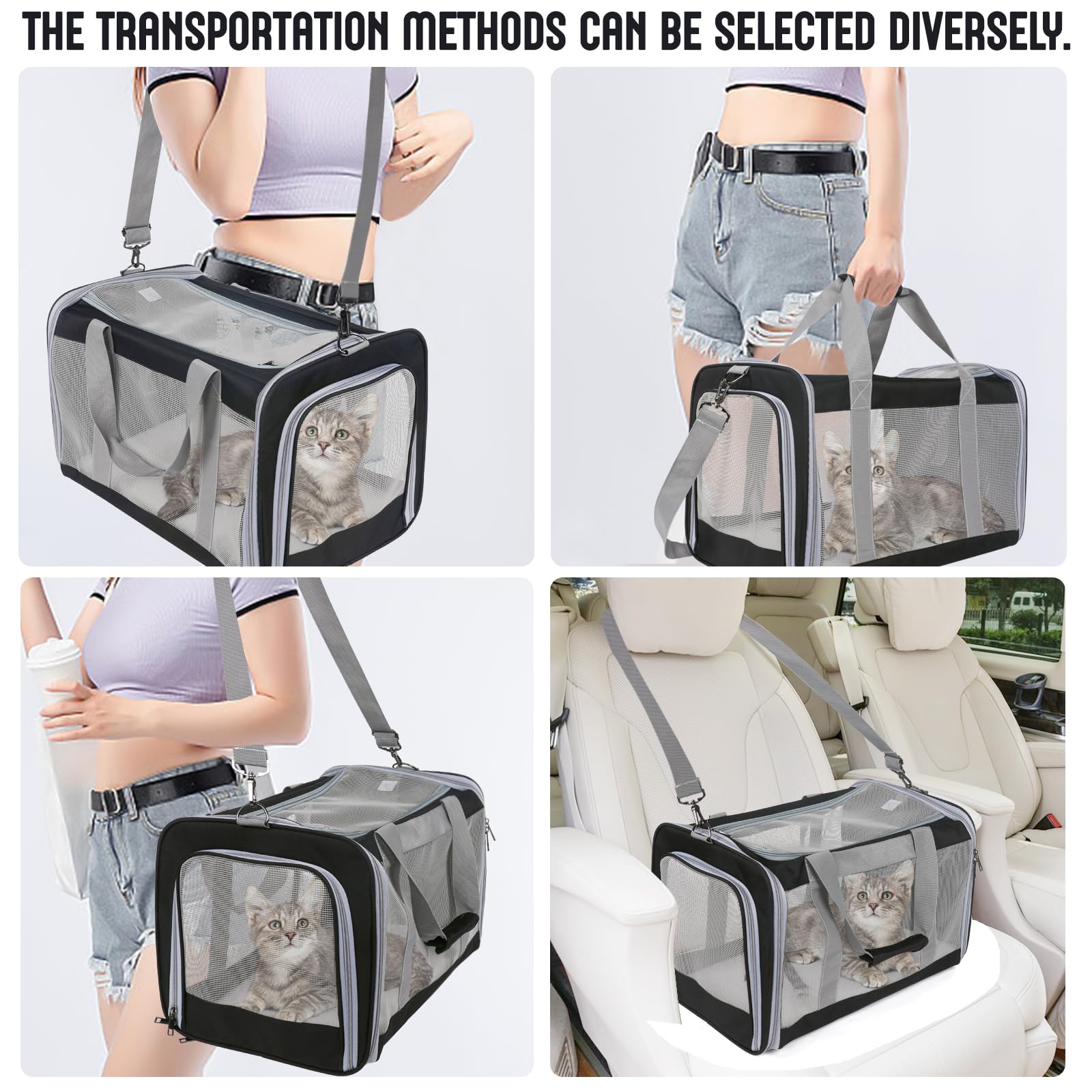 TIYOLAT cat carrier side pocket stores travel essentials conveniently.