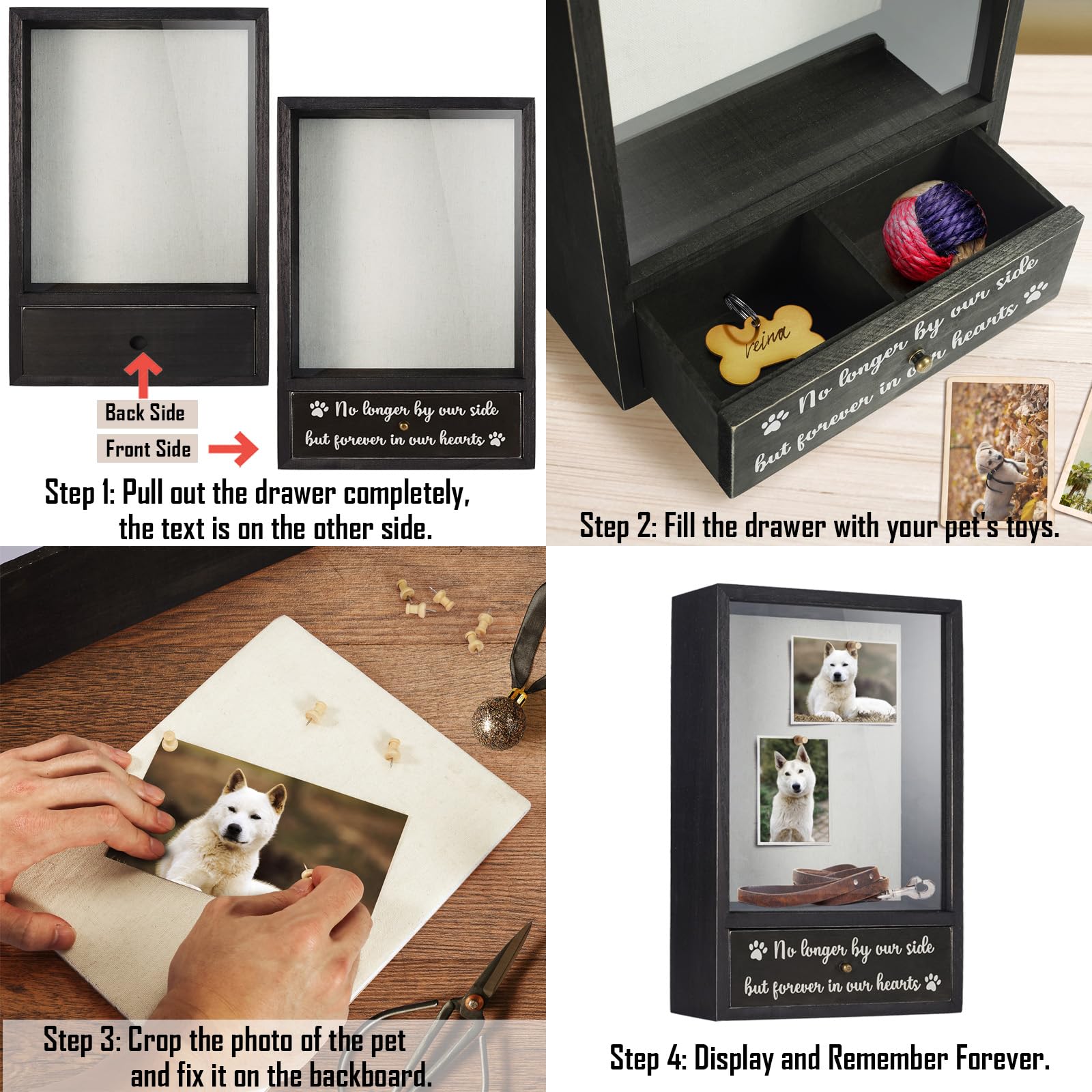 TJ.MOREE dog memorial shadow box drawer-back view highlights protective design for keepsake storage
