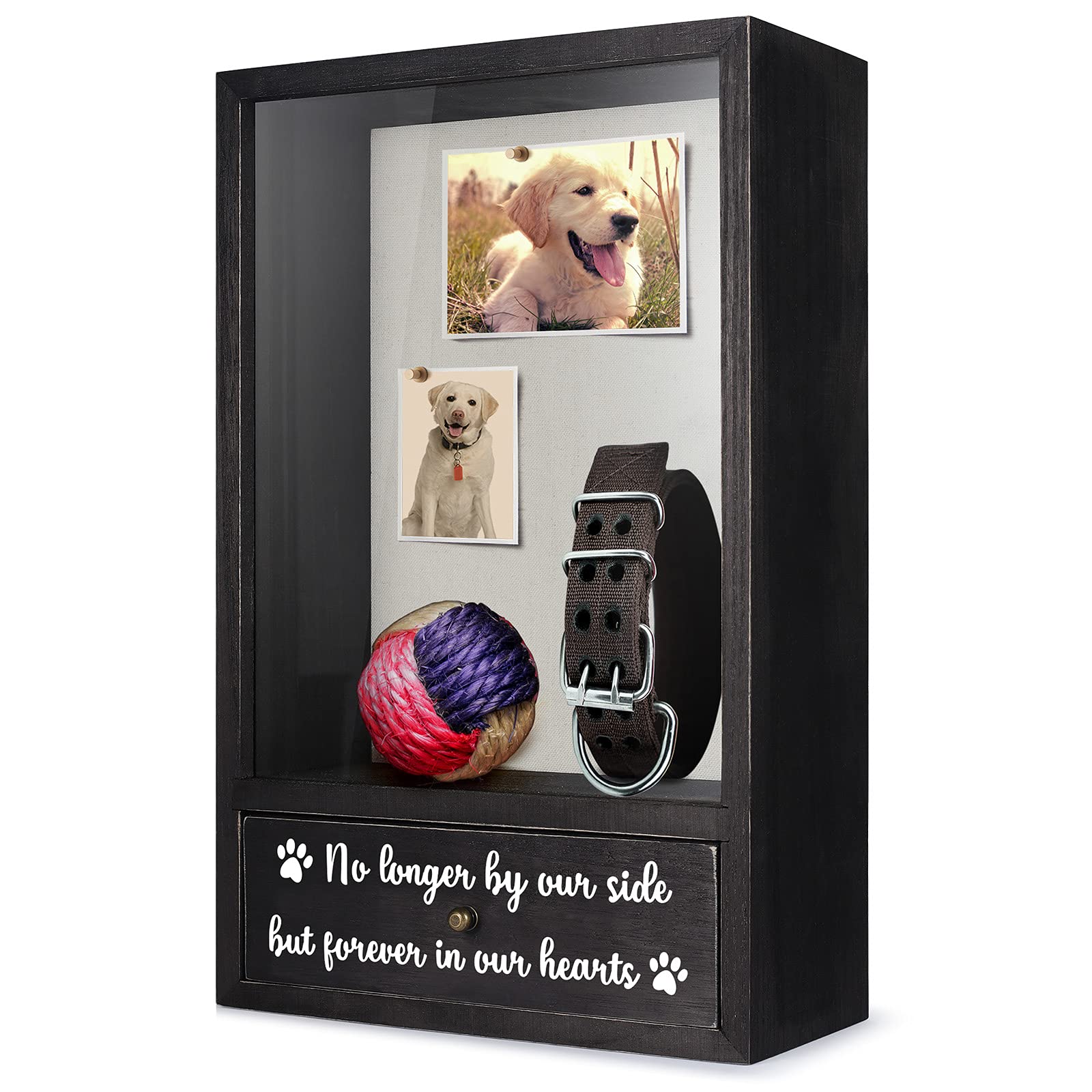 TJ.MOREE dog memorial shadow box front view shows sturdy wood frame for keepsakes