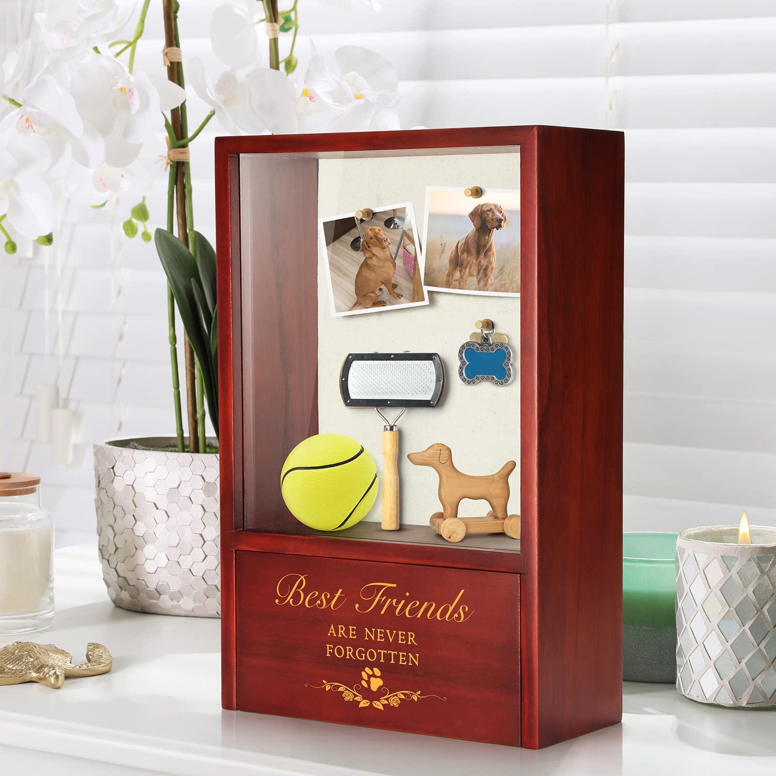 TJ.MOREE dog urn display frame holds memorabilia for keepsake moments