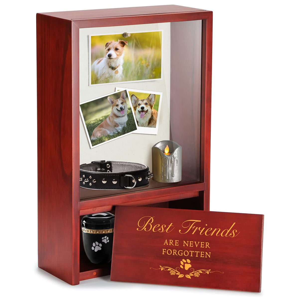 TJ.MOREE dog urn front view showcases warm wood for lasting memory