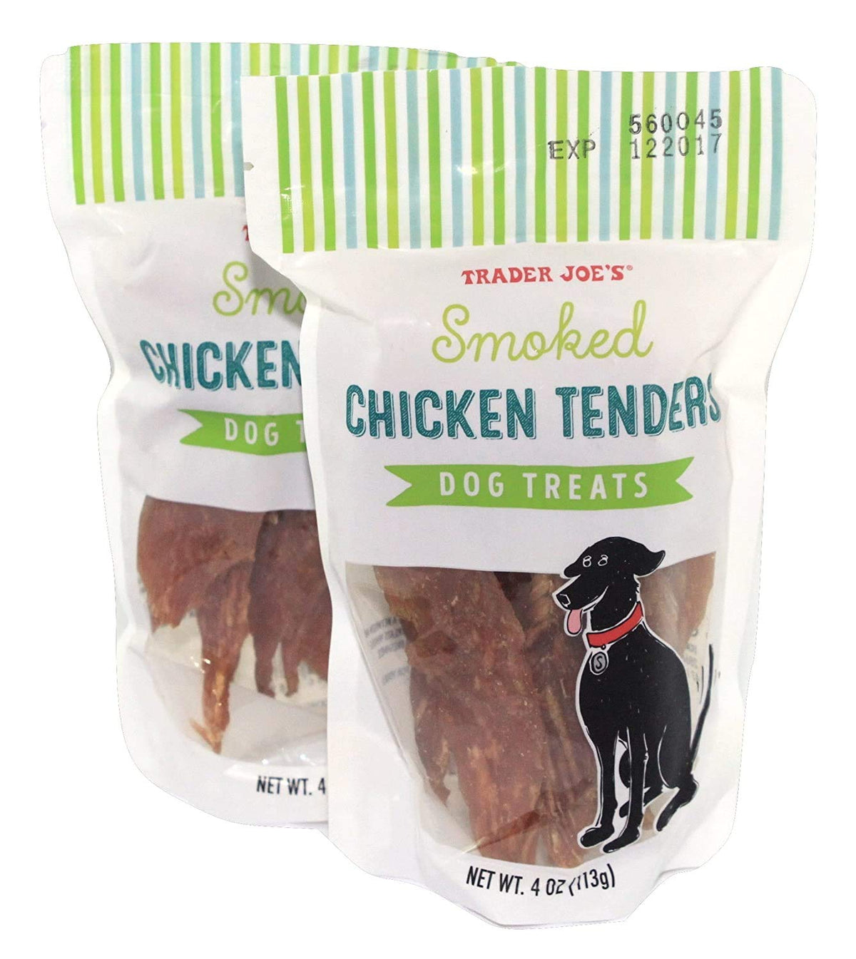 TJ's smoked chicken tenders dog treats 2-pack with smoky aroma ideal for training rewards.