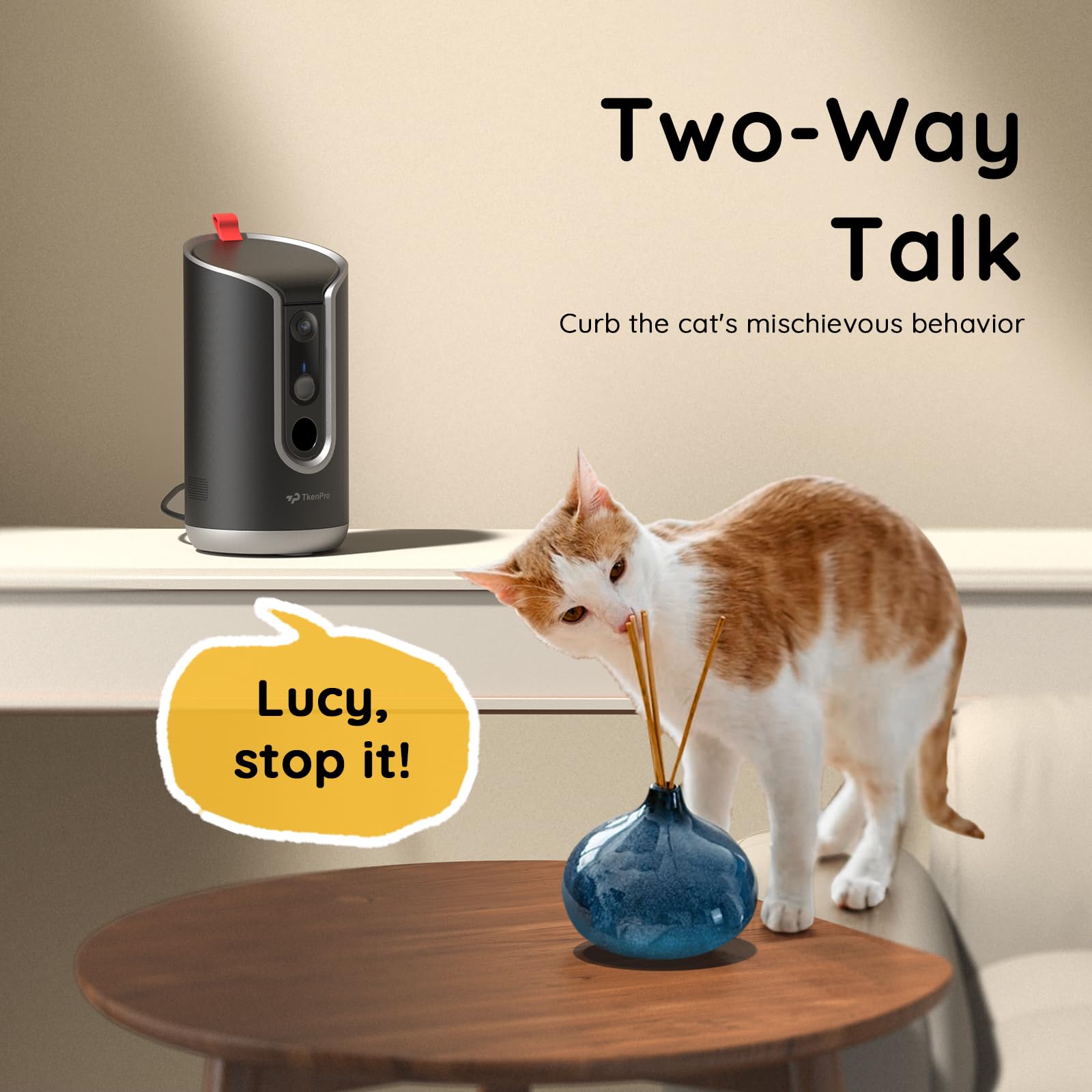 TKENPRO two-way talk helps soothe anxious pets remotely with real-time audio