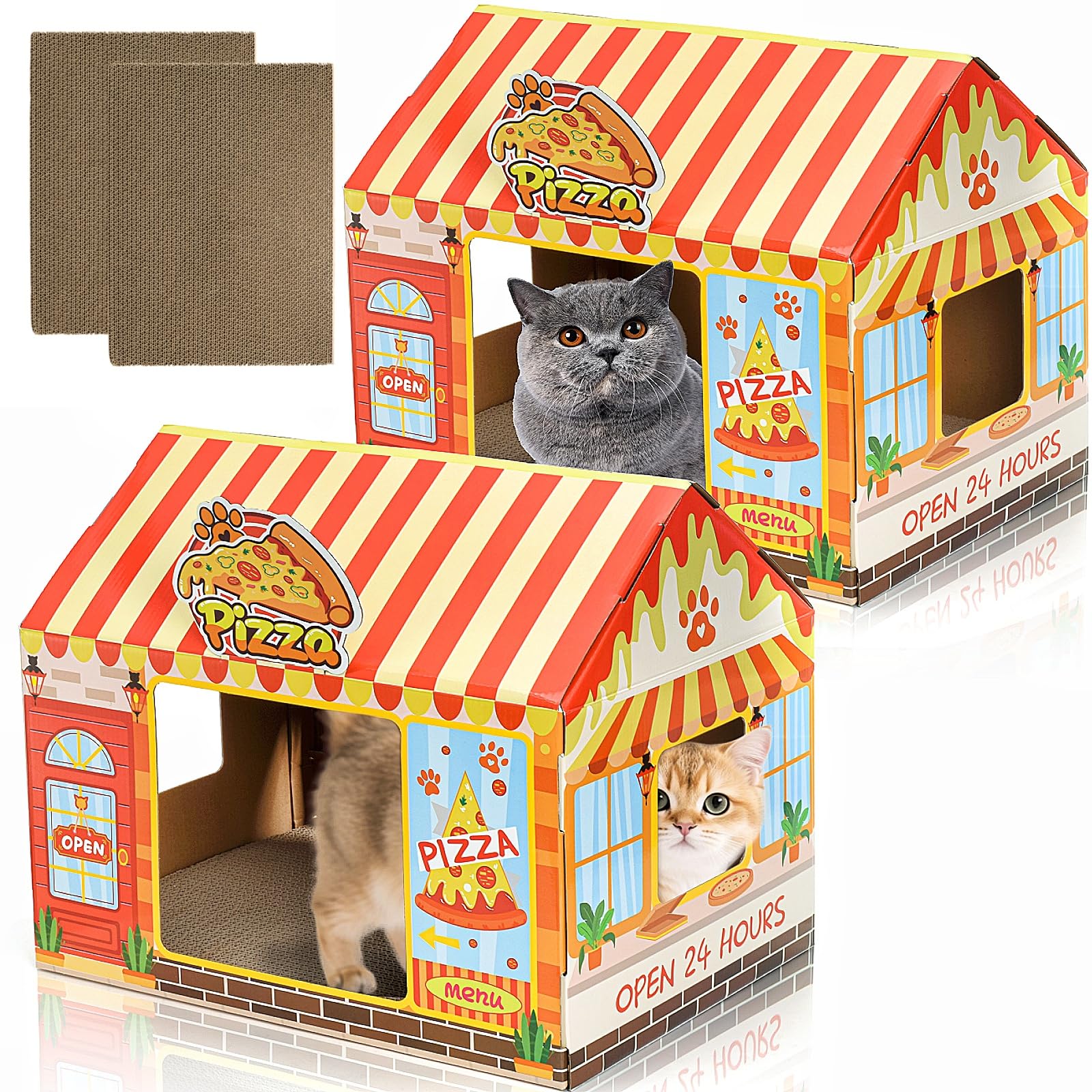Tlence pizza shop cat house front view with wide entry for easy access.
