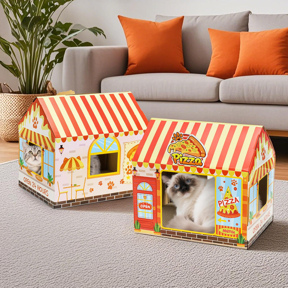 Tlence pizza shop cat house packaged showcases gift-ready design.