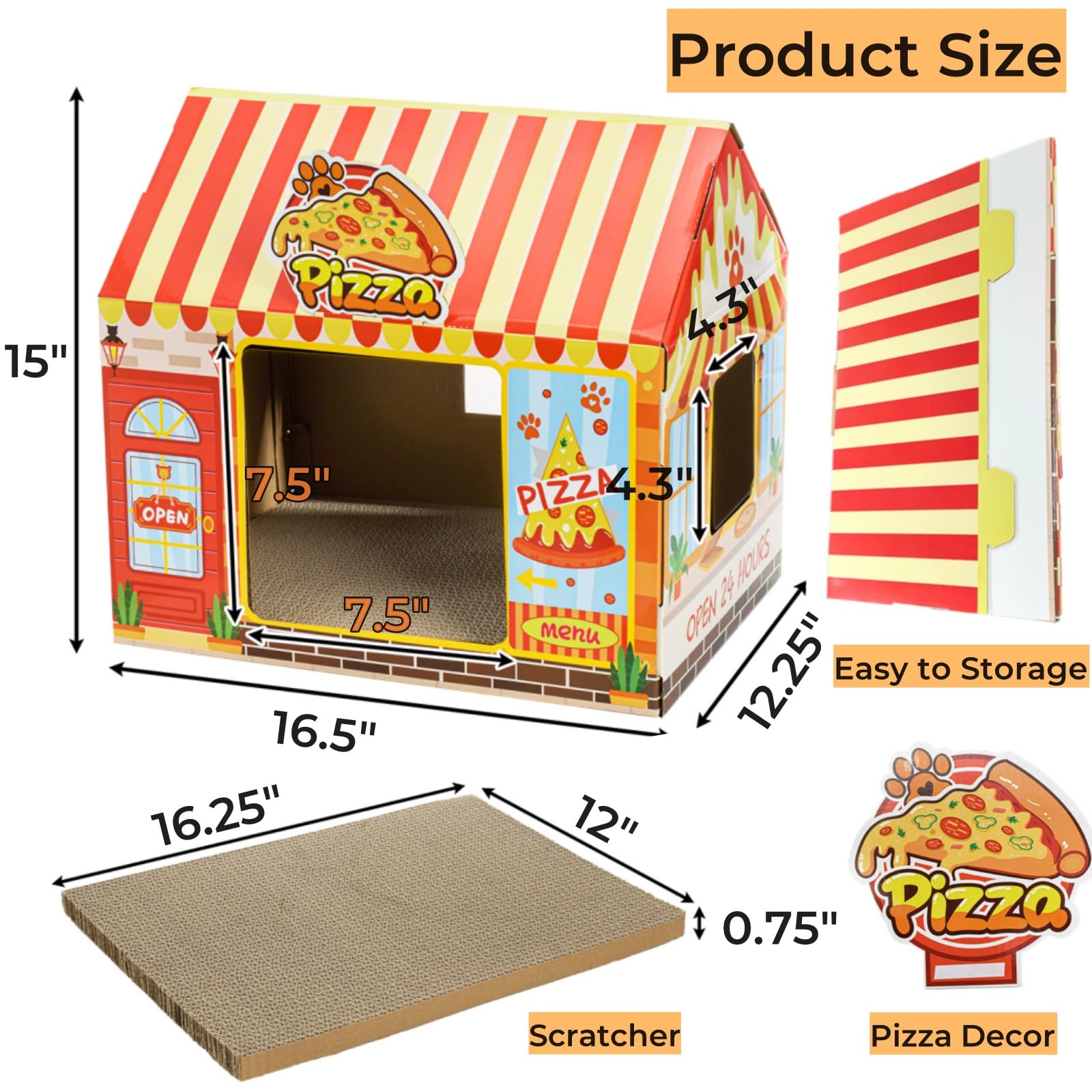 Tlence pizza shop cat house side view showing sturdy, space-saving cardboard.