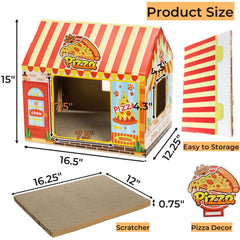 Tlence pizza shop cat house side view showing sturdy, space-saving cardboard.