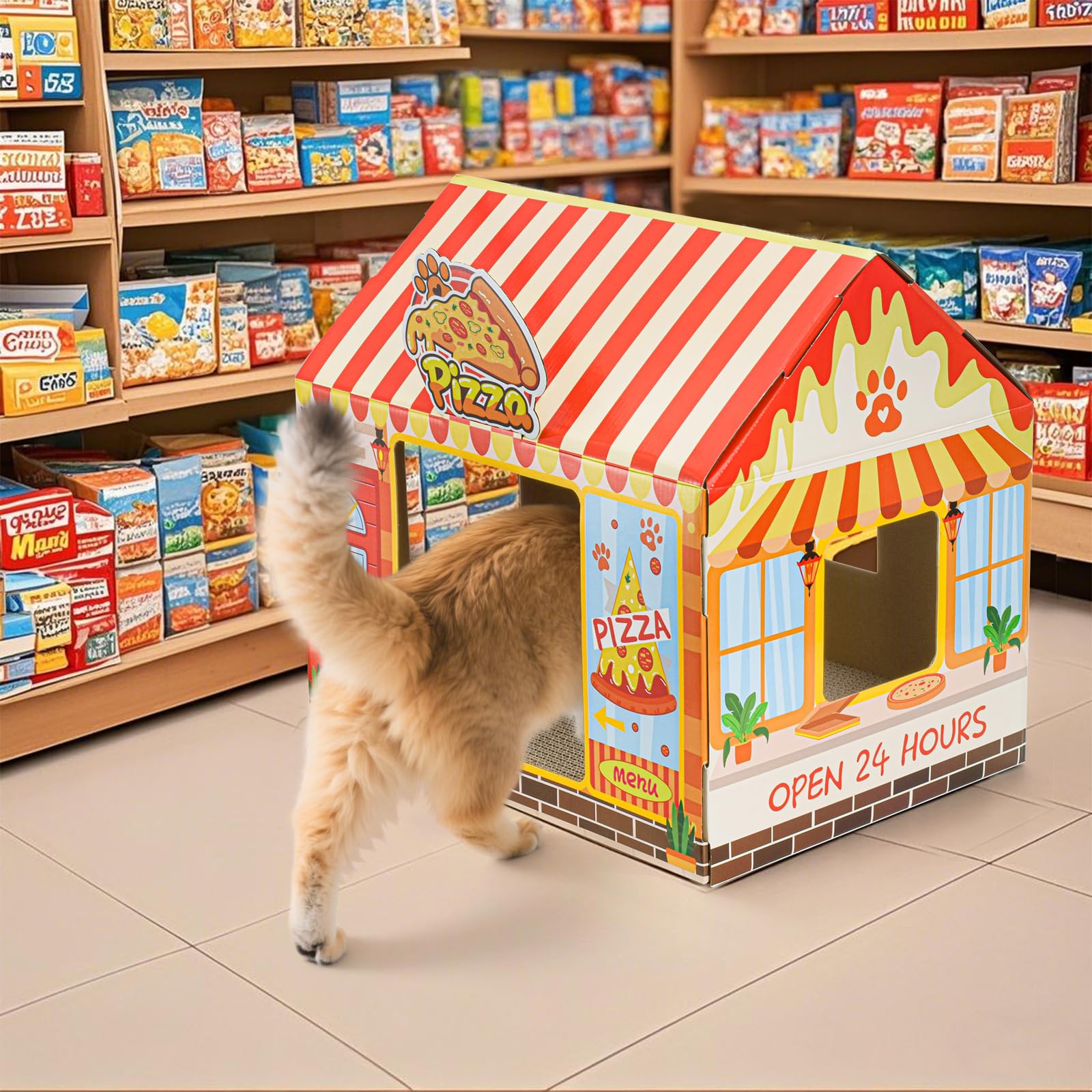Tlence pizza shop cat house with cat illustrates lounging and play.