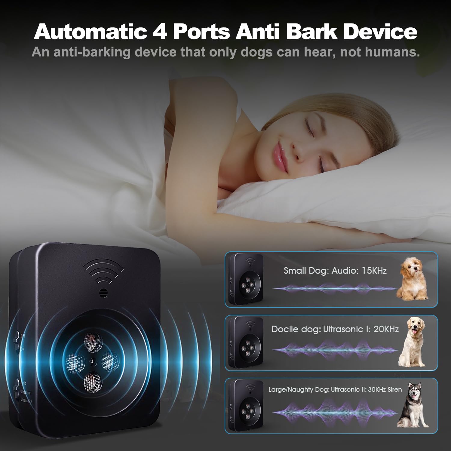 Tlettsteinkle dog barking device side panel with adjustable frequency controls.